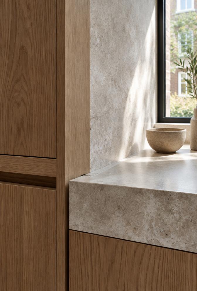 Sfeerbeeld van hout en natuursteen als renovatiematerialen