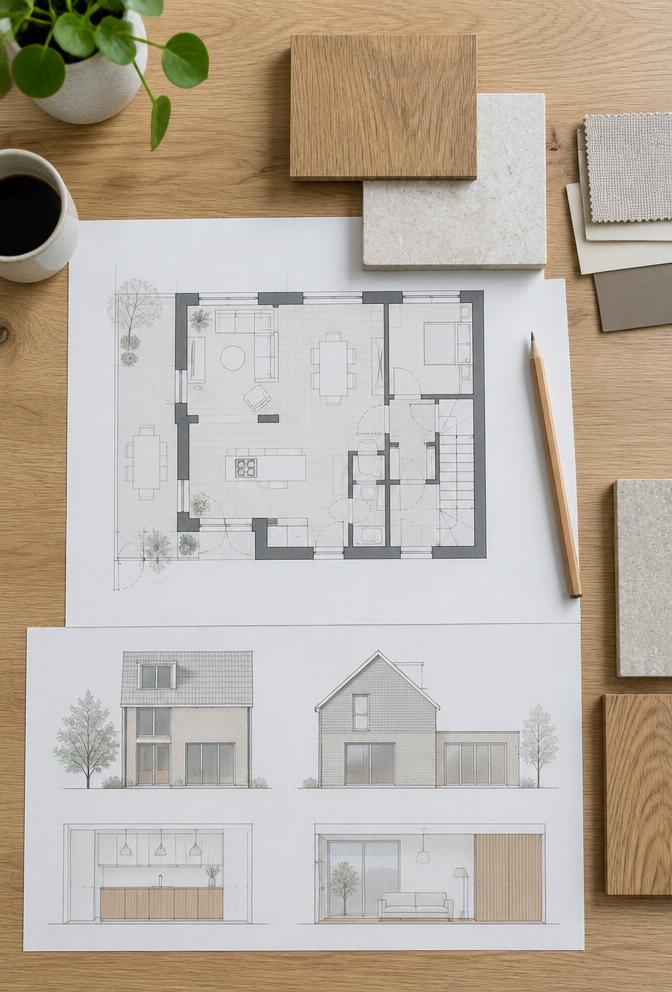 Sfeerbeeld van een renovatietekening en materiaalstalen