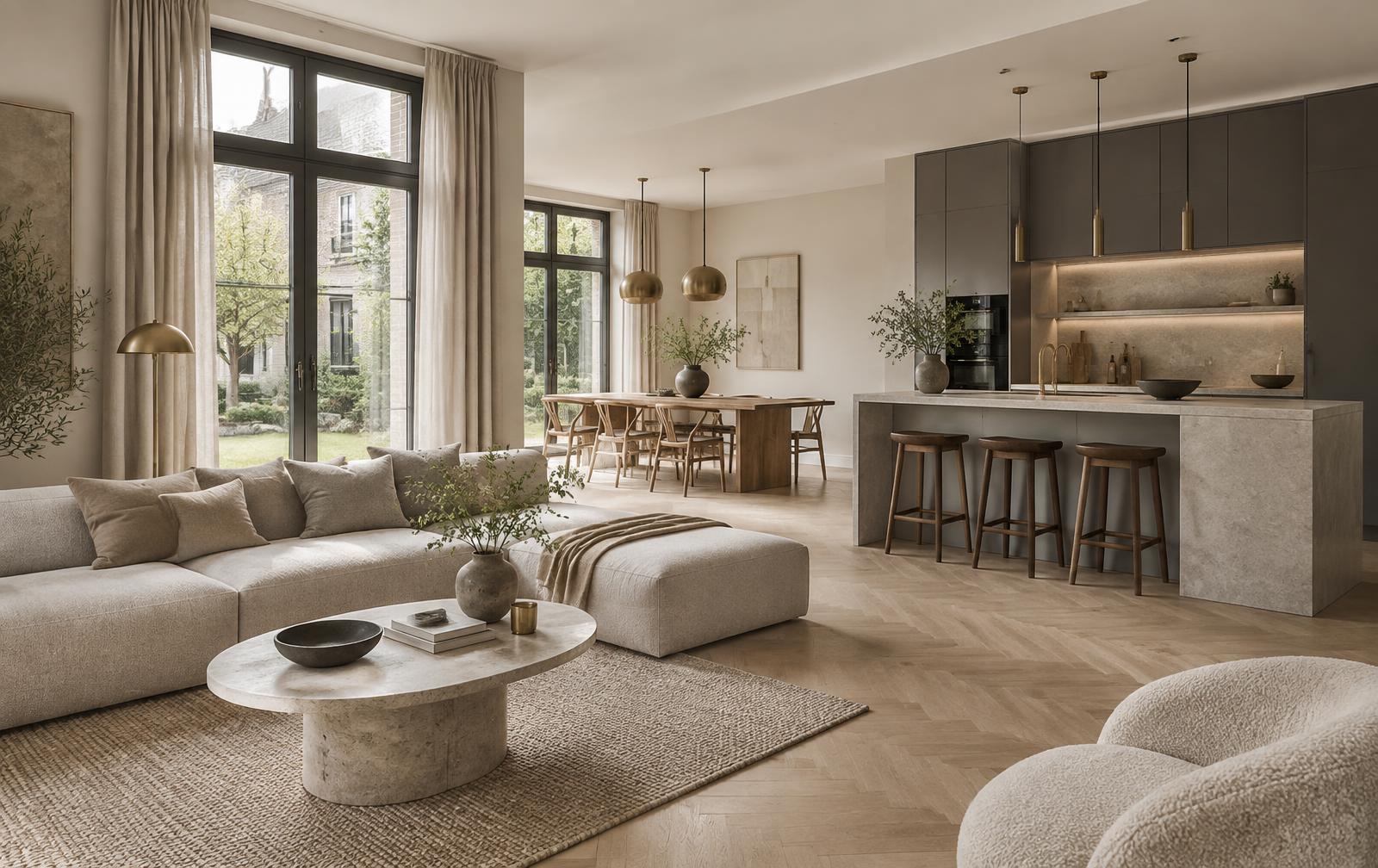 Sfeerbeeld van een compleet gerenoveerde woning met open keuken